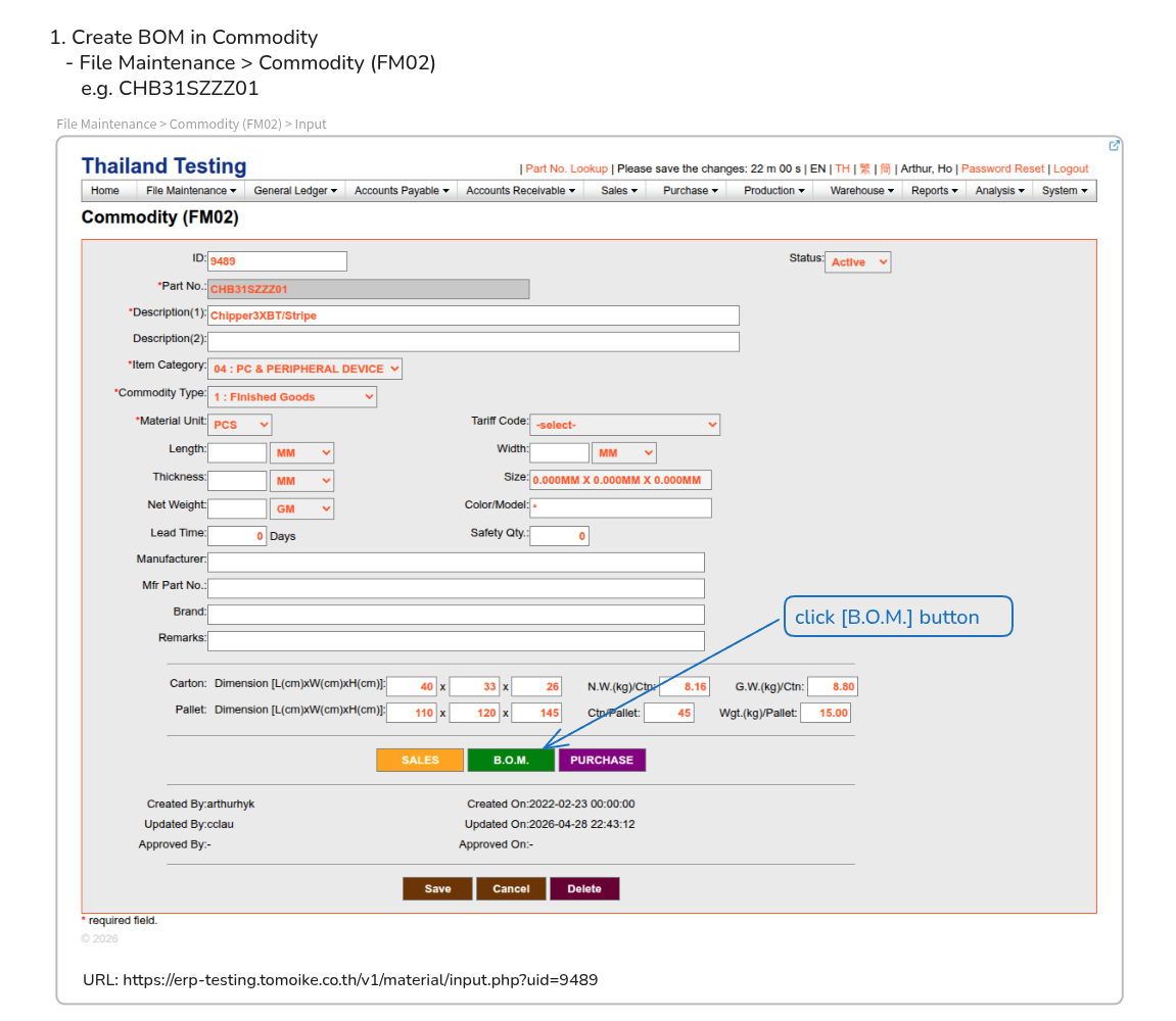 Create BOM in Commodity